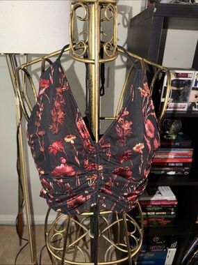 Current Mood Black Halter Crop Top with Red Floral Print